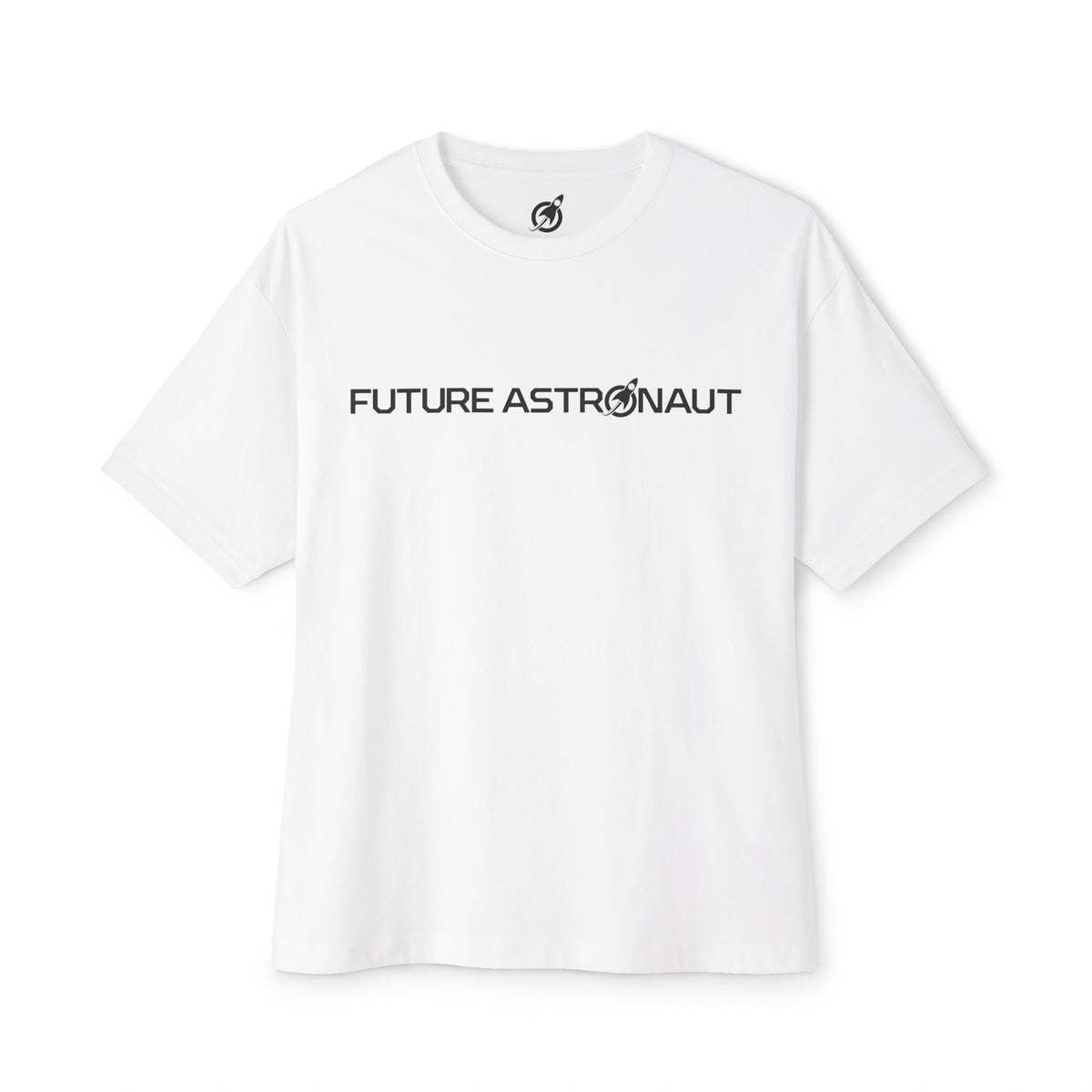 Future Astronaut Boxy Tee in white, front, wordmark across the chest