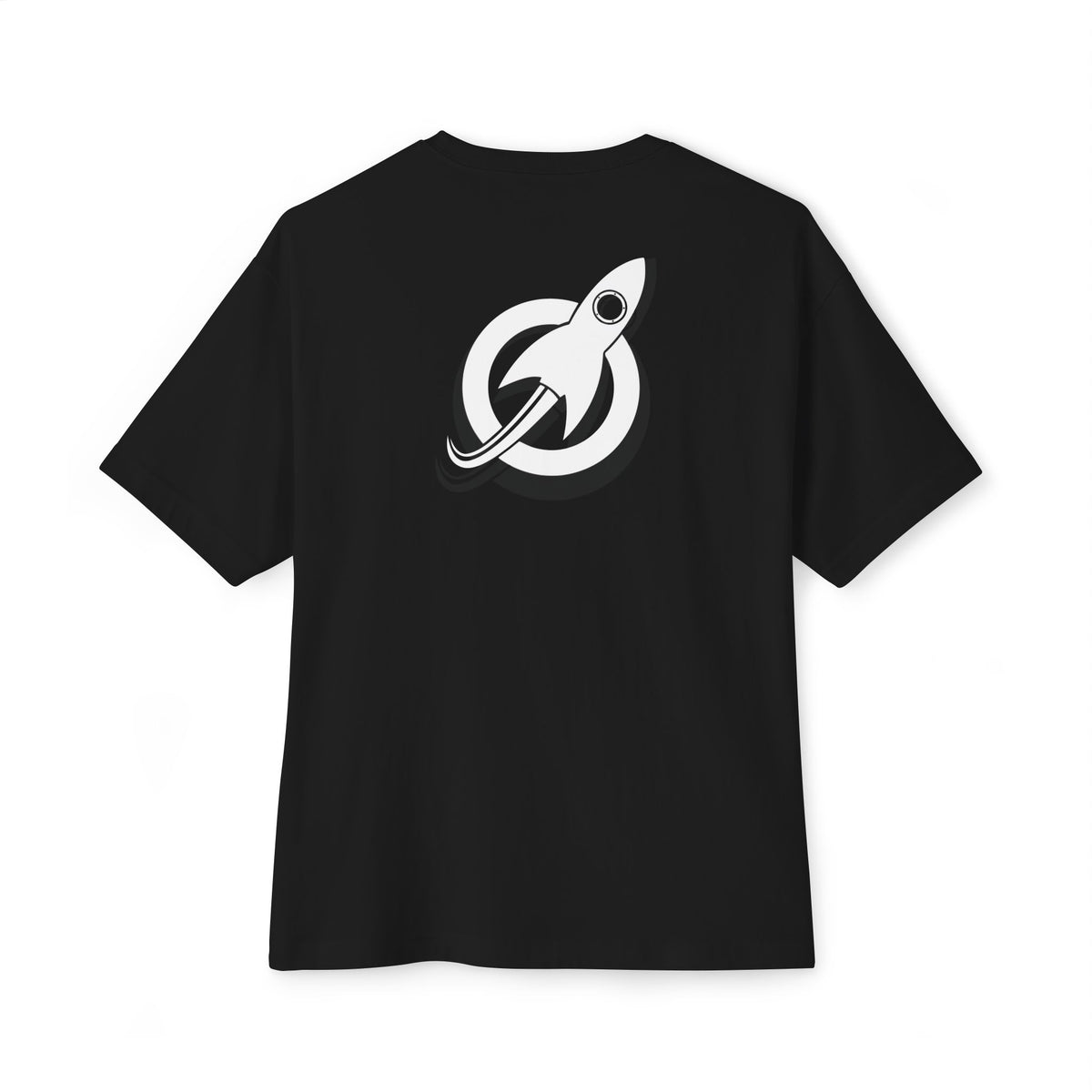 Black Boxy Tee back, large rocket mark between the shoulders