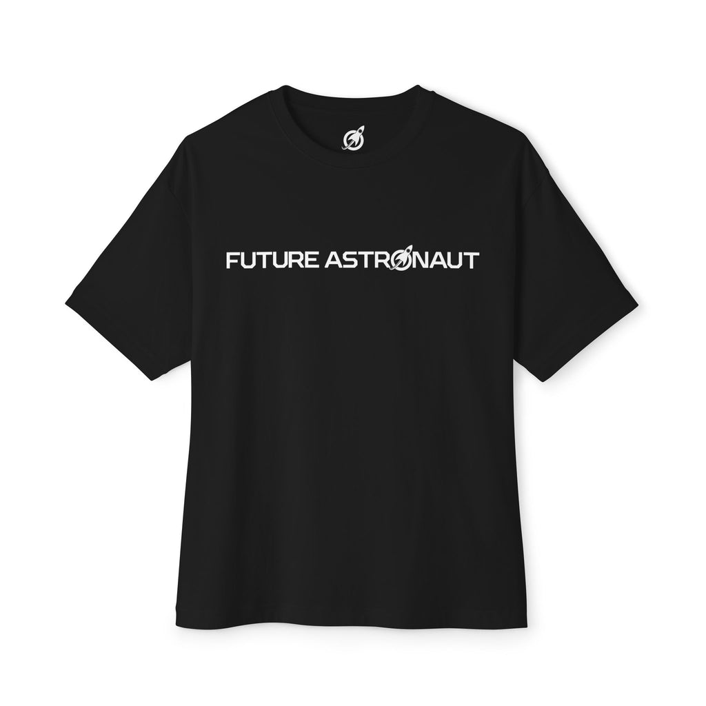 Future Astronaut Boxy Tee in black, front, wordmark across the chest