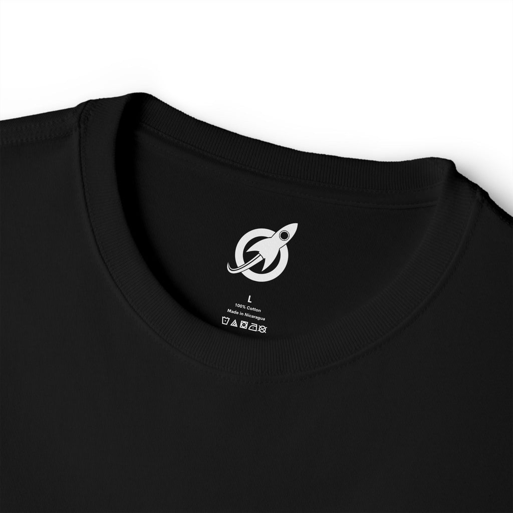 Black Boxy Tee collar detail, rocket mark printed inside the neck