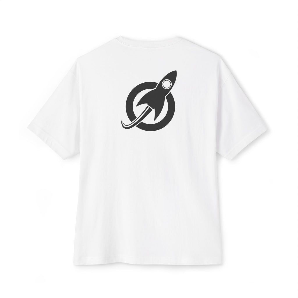 White Boxy Tee back, large rocket mark between the shoulders