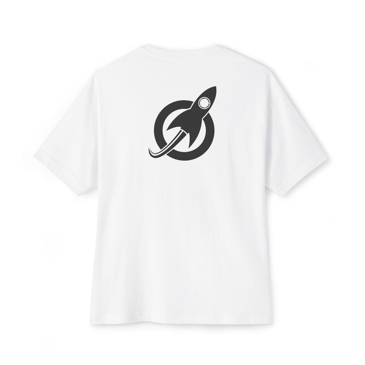 White Boxy Tee back, large rocket mark between the shoulders