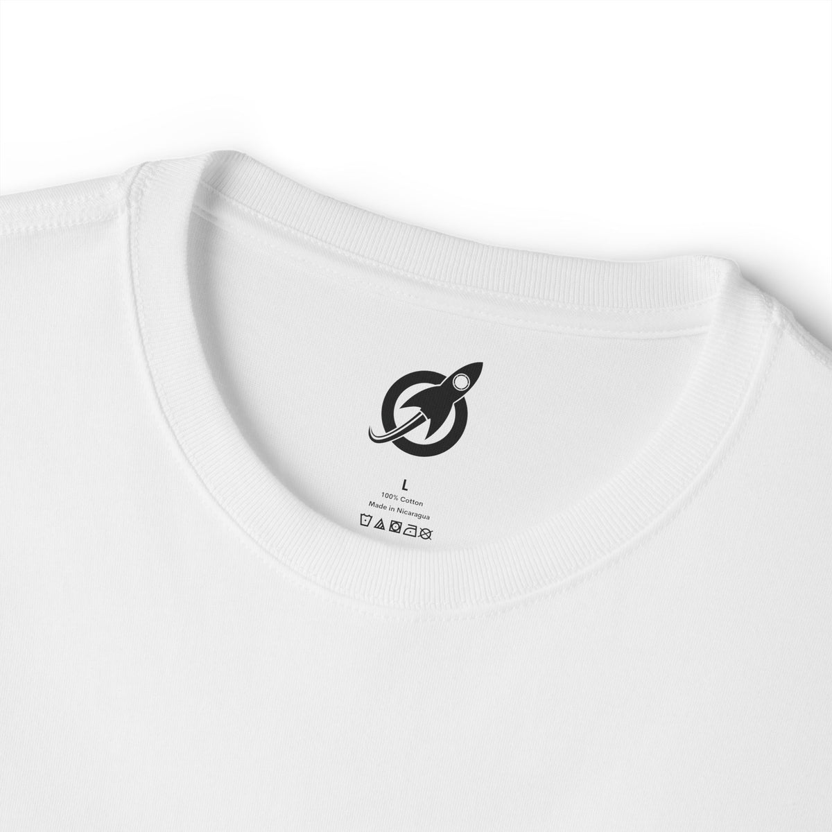 White Boxy Tee collar detail, rocket mark printed inside the neck