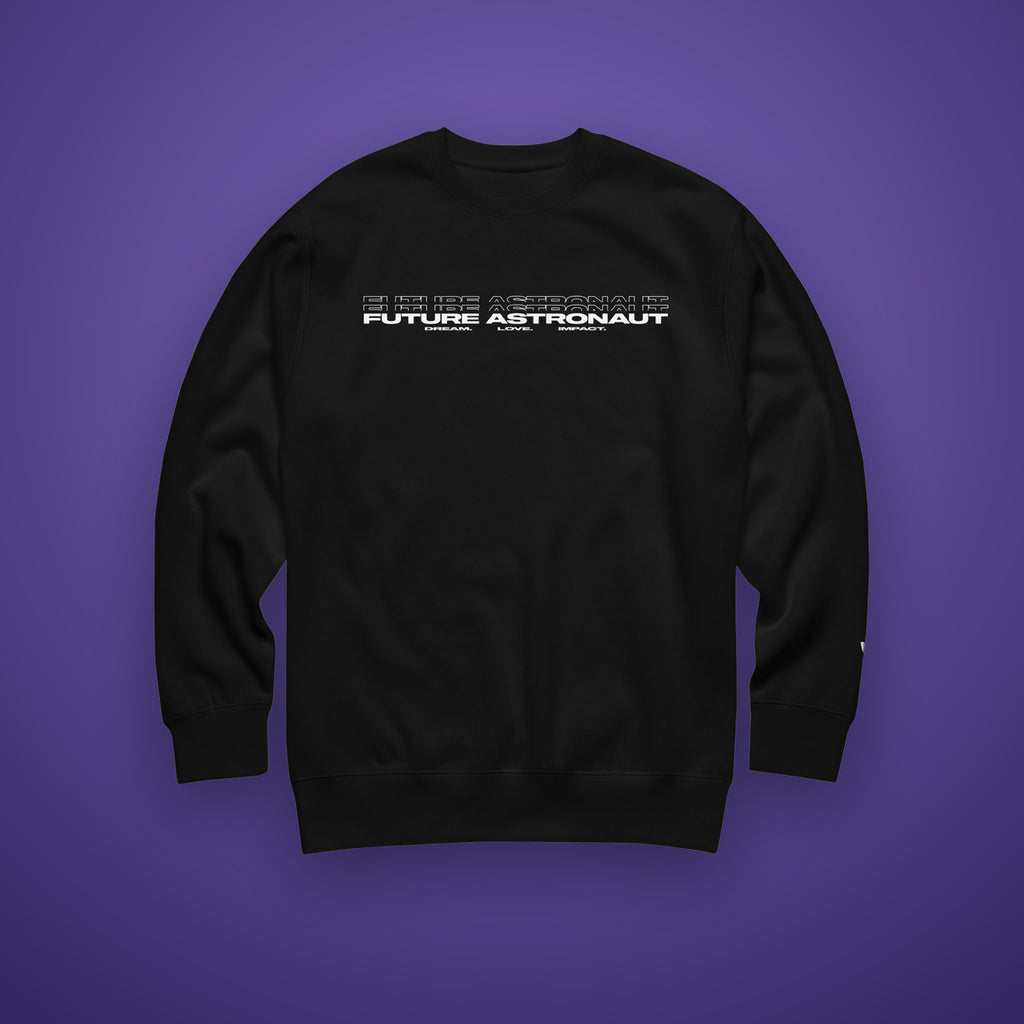 Future Astronaut Crewneck in black, front view, Dream. Love. Impact. lockup across the chest