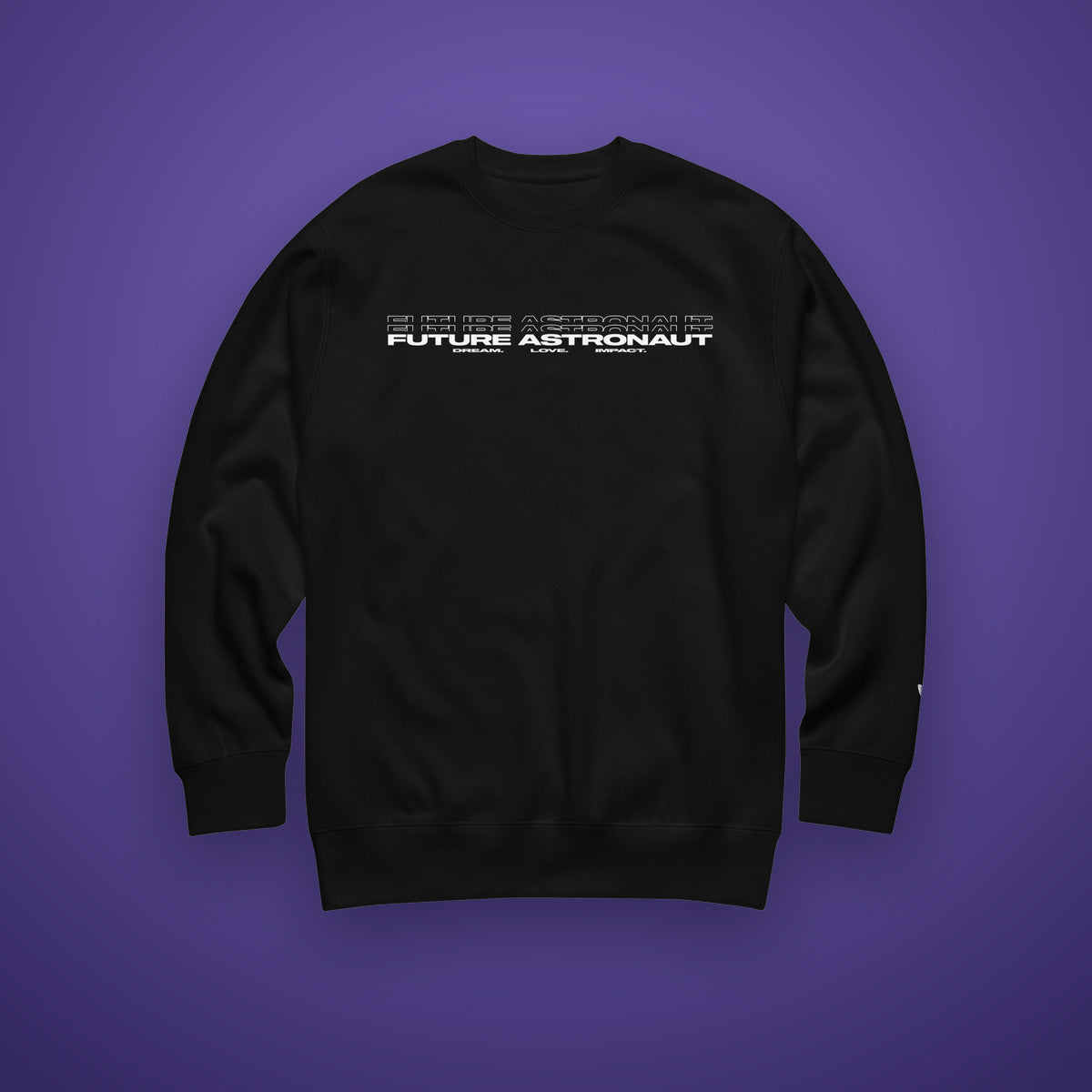 Future Astronaut Crewneck in black, front view, Dream. Love. Impact. lockup across the chest