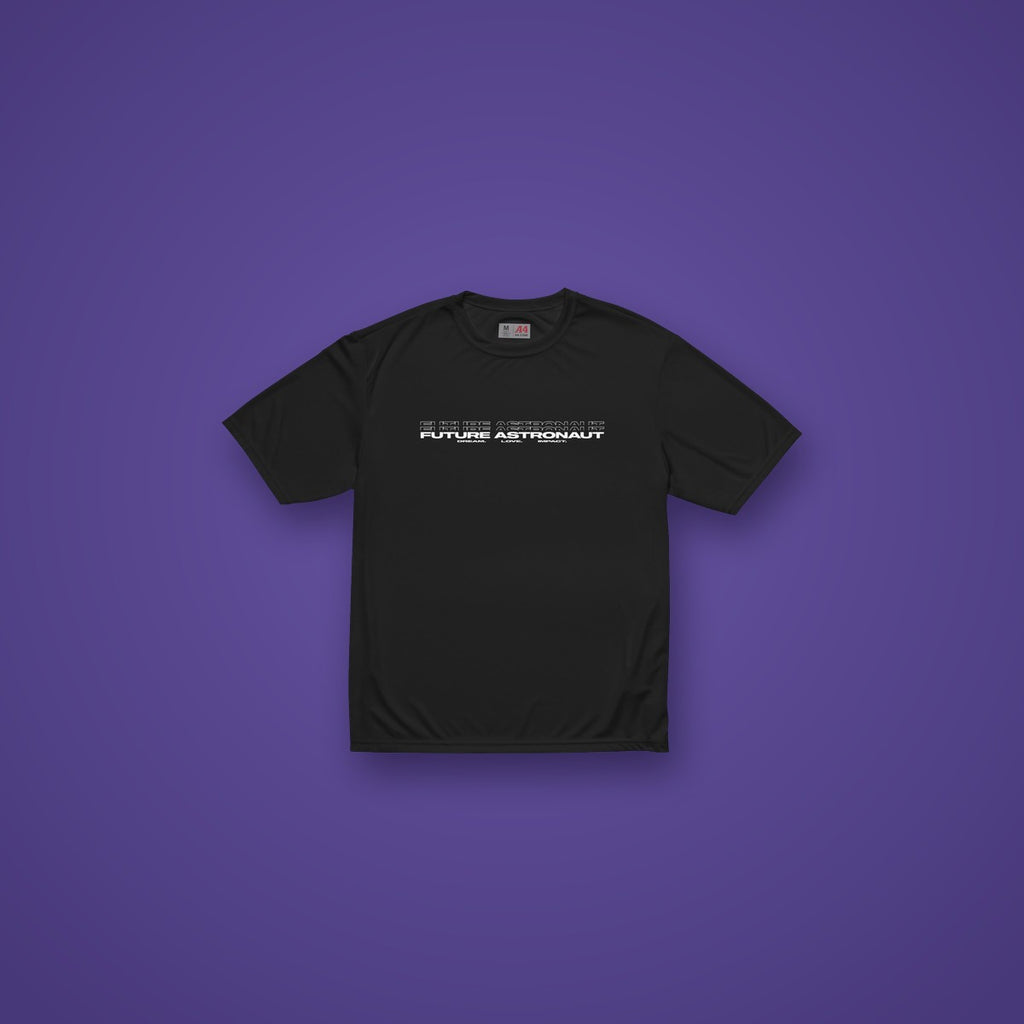 Future Astronaut Performance Tee in black on Future Astronaut branded background