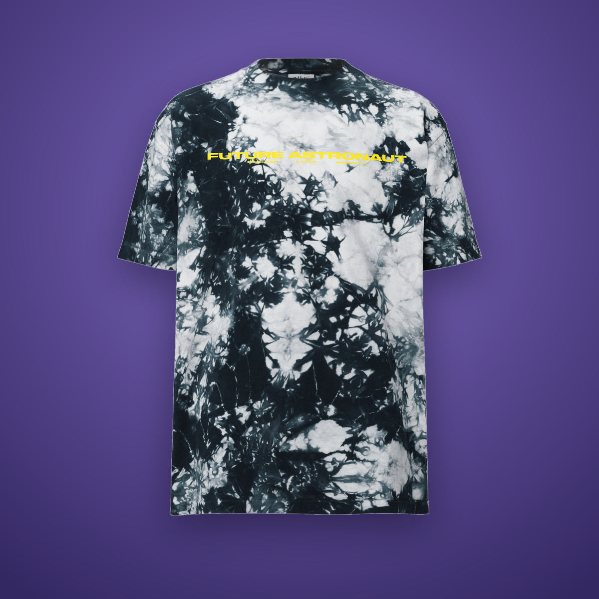 Future Astronaut Tie-Dye Tee in black and white tie-dye, front view, yellow Dream. Love. Impact. lockup across the chest