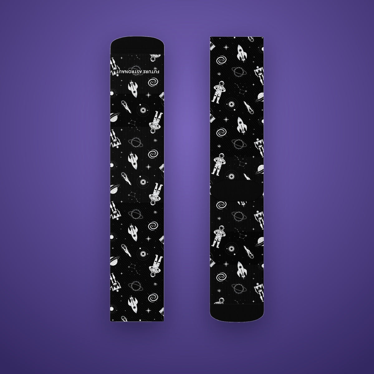 Astronaut Crew Socks on Future Astronaut branded background, white astronauts, rockets and planets on black