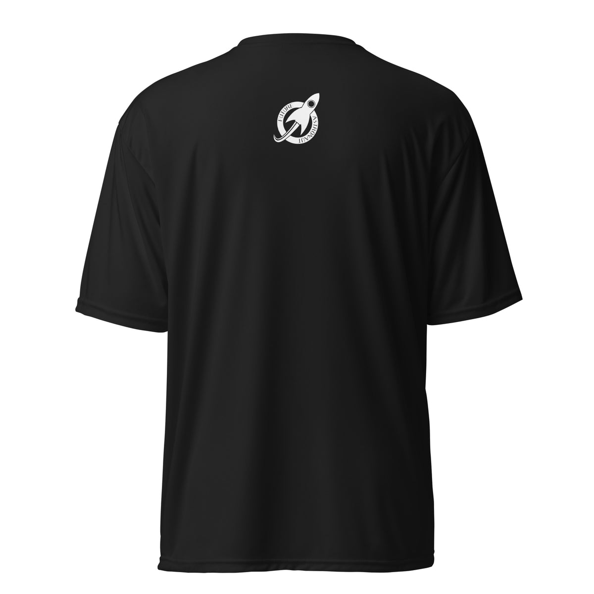 Future Astronaut Performance Tee in black, back view, rocket mark between the shoulders