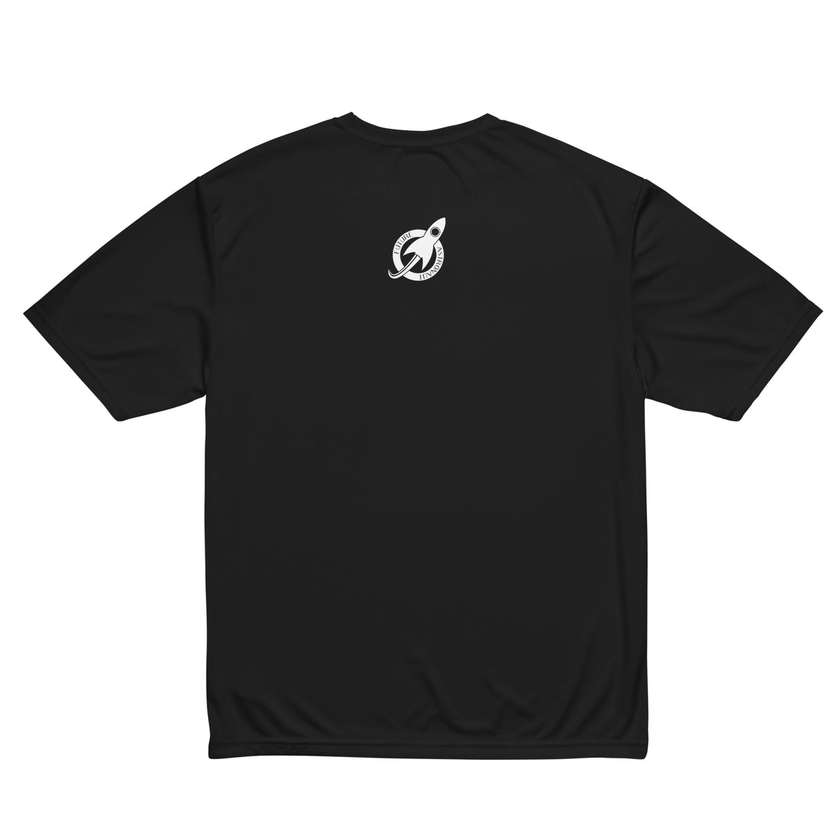 Future Astronaut Performance Tee in black, back view, rocket mark between the shoulders