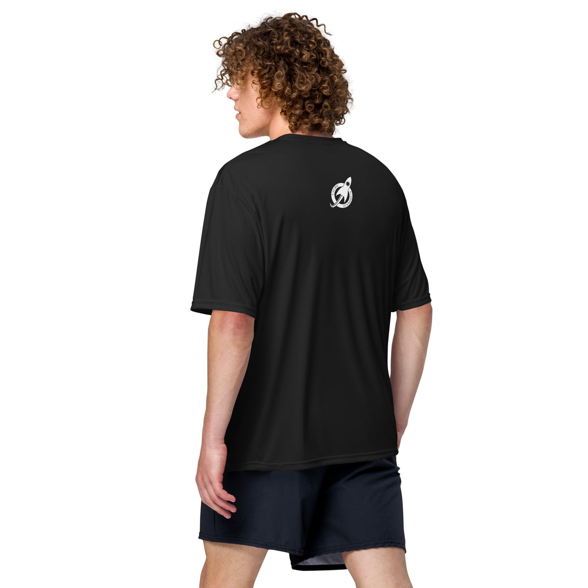 Future Astronaut Performance Tee in black, back view on model