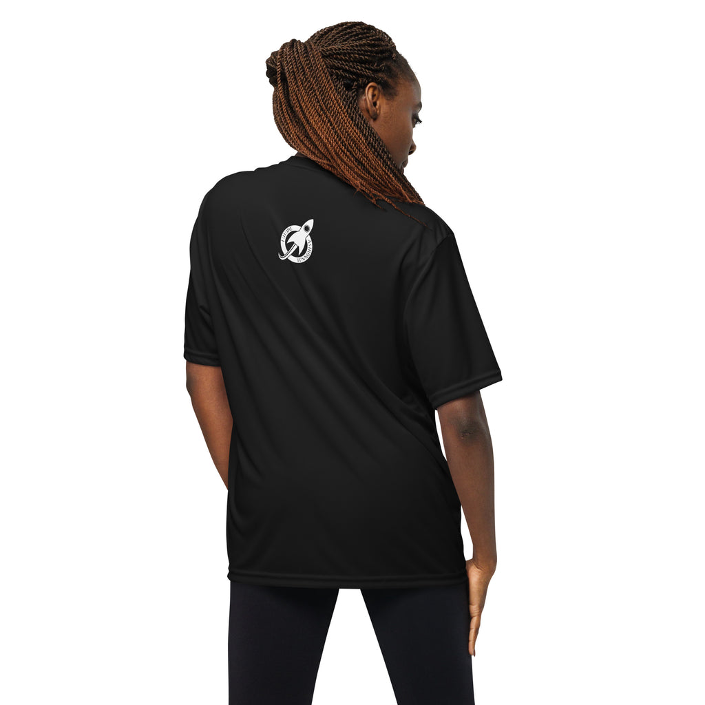 Future Astronaut Performance Tee in black, back view on model