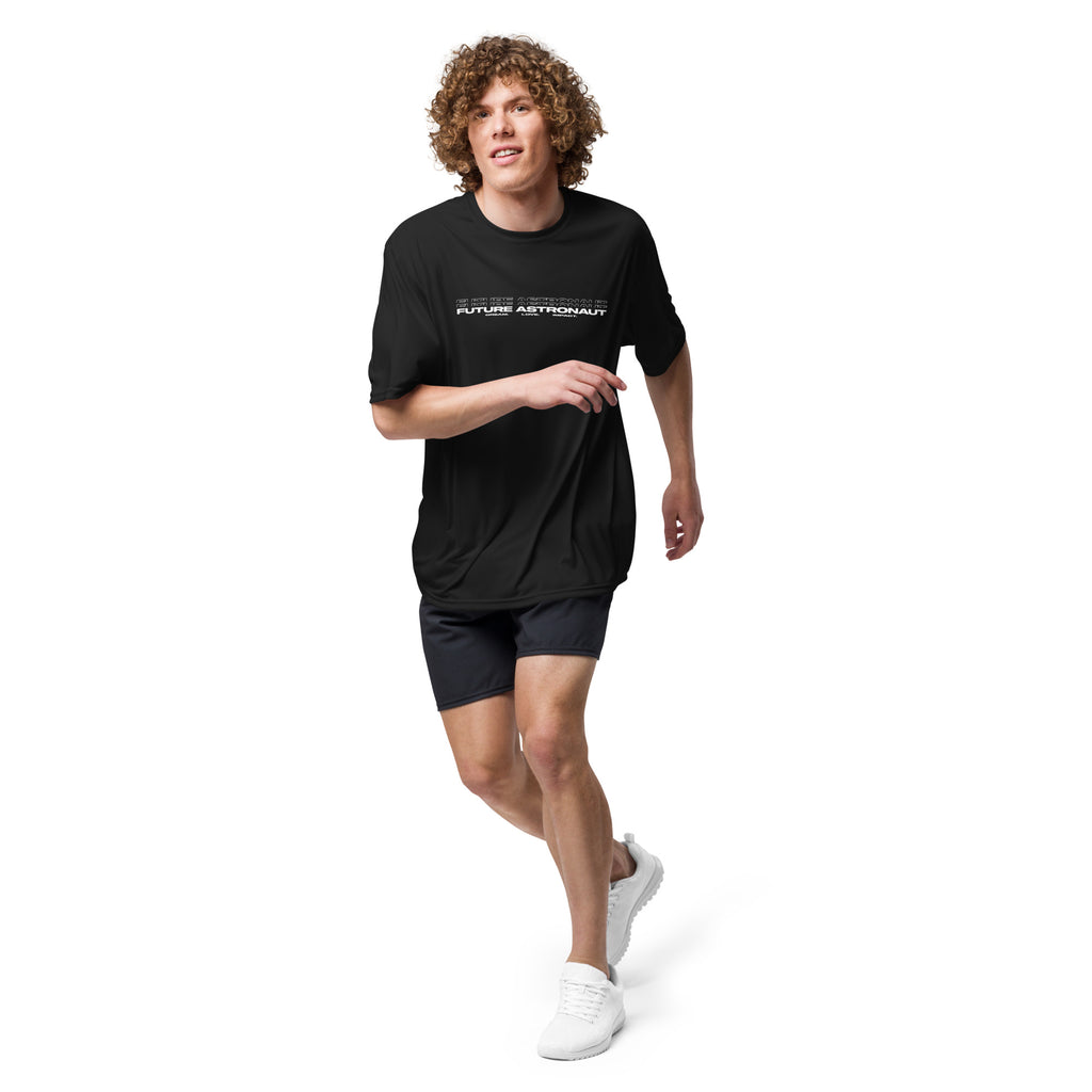 Future Astronaut Performance Tee in black, front view on model