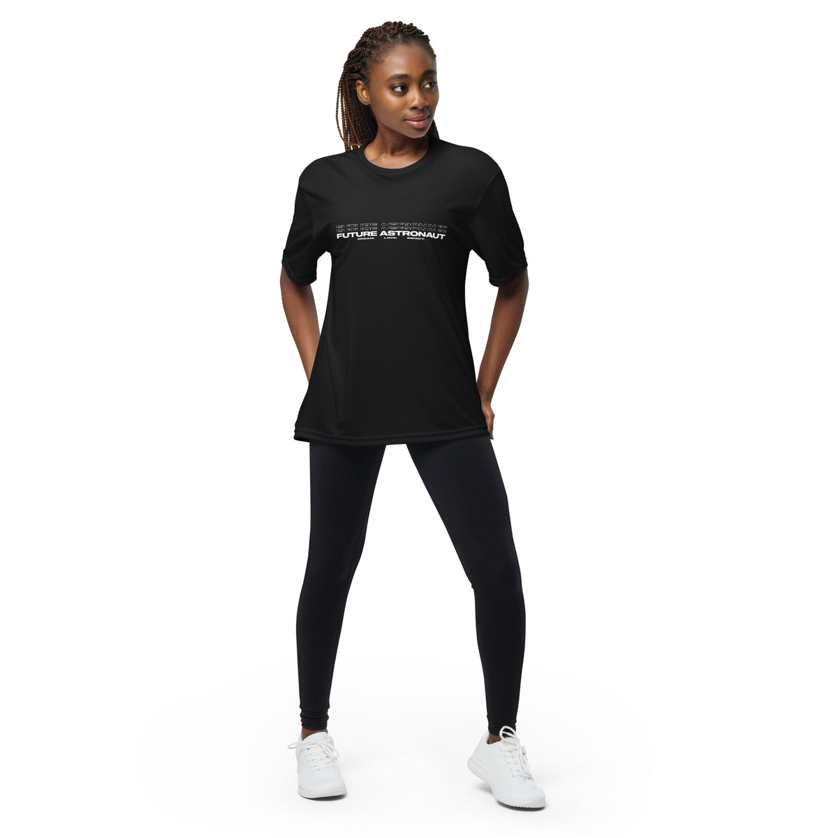 Future Astronaut Performance Tee in black, front view on model