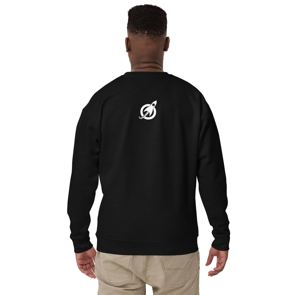 Future Astronaut Crewneck in black, back view, rocket mark between the shoulders