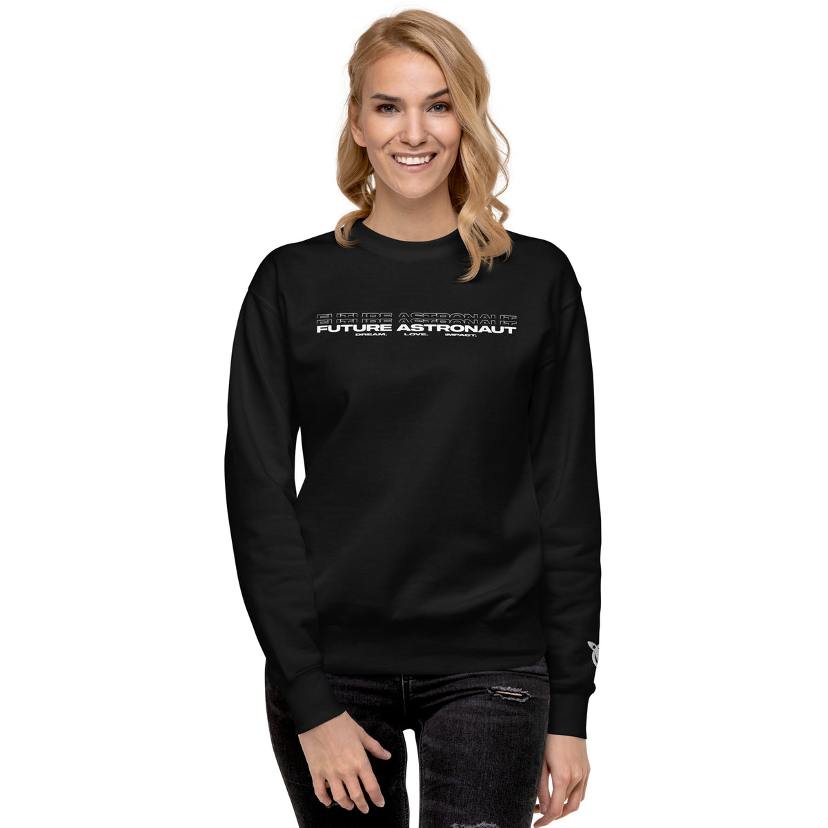 Future Astronaut Crewneck in black, front view, Dream. Love. Impact. lockup across the chest