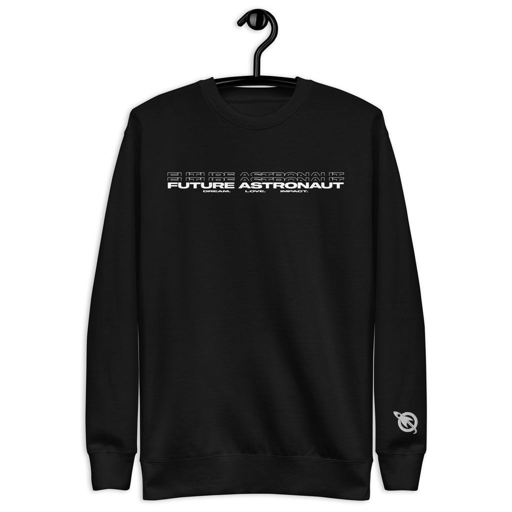 Future Astronaut Crewneck in black, front view, Dream. Love. Impact. lockup across the chest