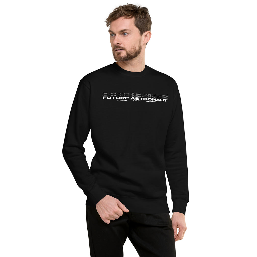 Future Astronaut Crewneck in black, front view, Dream. Love. Impact. lockup across the chest