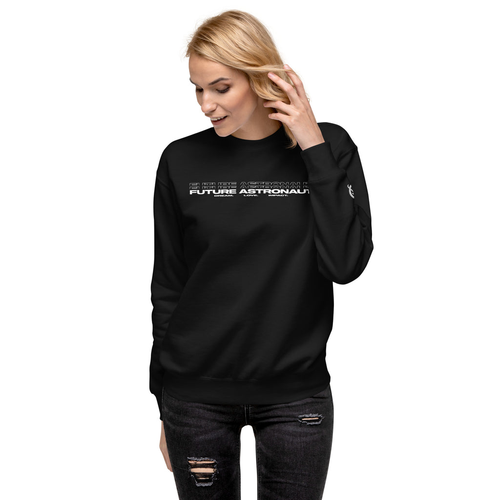 Future Astronaut Crewneck in black, front view, Dream. Love. Impact. lockup across the chest