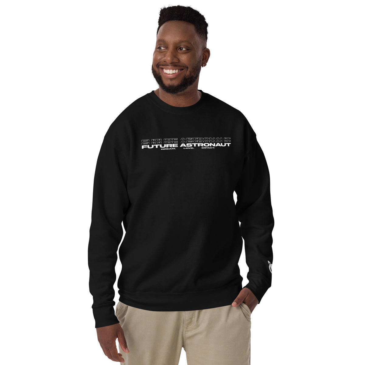 Future Astronaut Crewneck in black, front view, Dream. Love. Impact. lockup across the chest