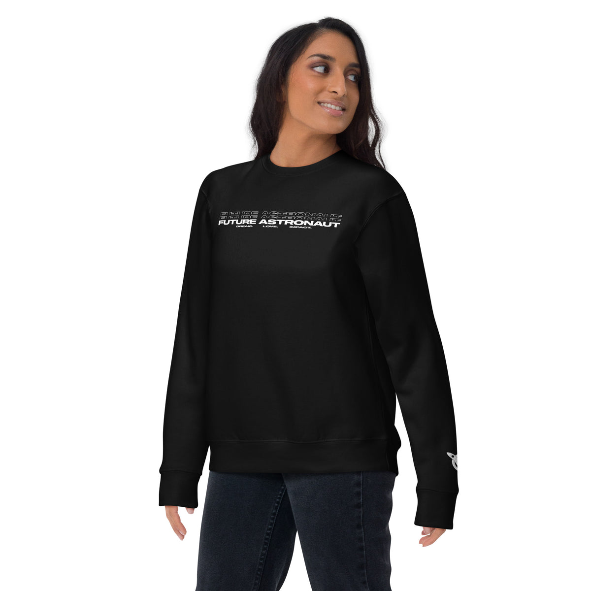 Future Astronaut Crewneck in black, front view, Dream. Love. Impact. lockup across the chest