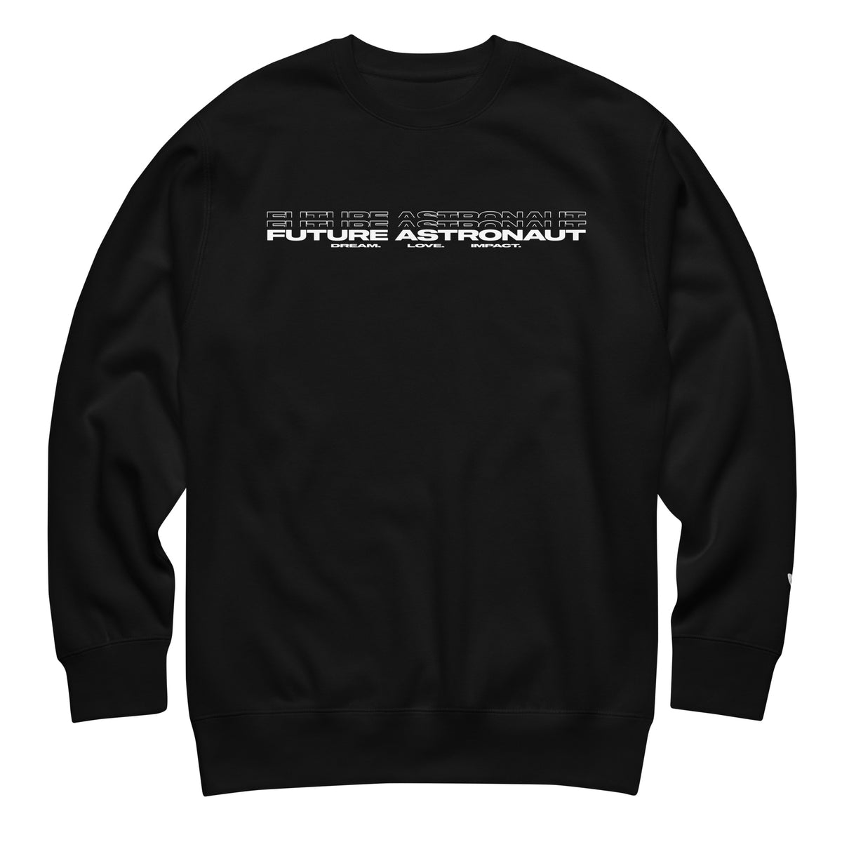 Future Astronaut Crewneck in black, front view, Dream. Love. Impact. lockup across the chest