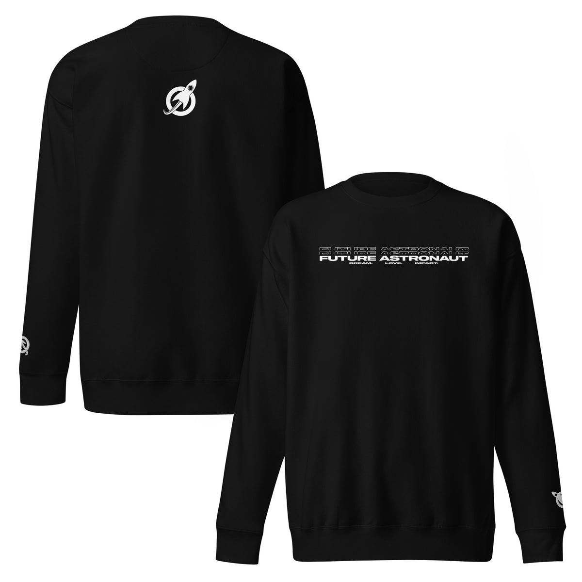 Future Astronaut Crewneck in black, front and back views