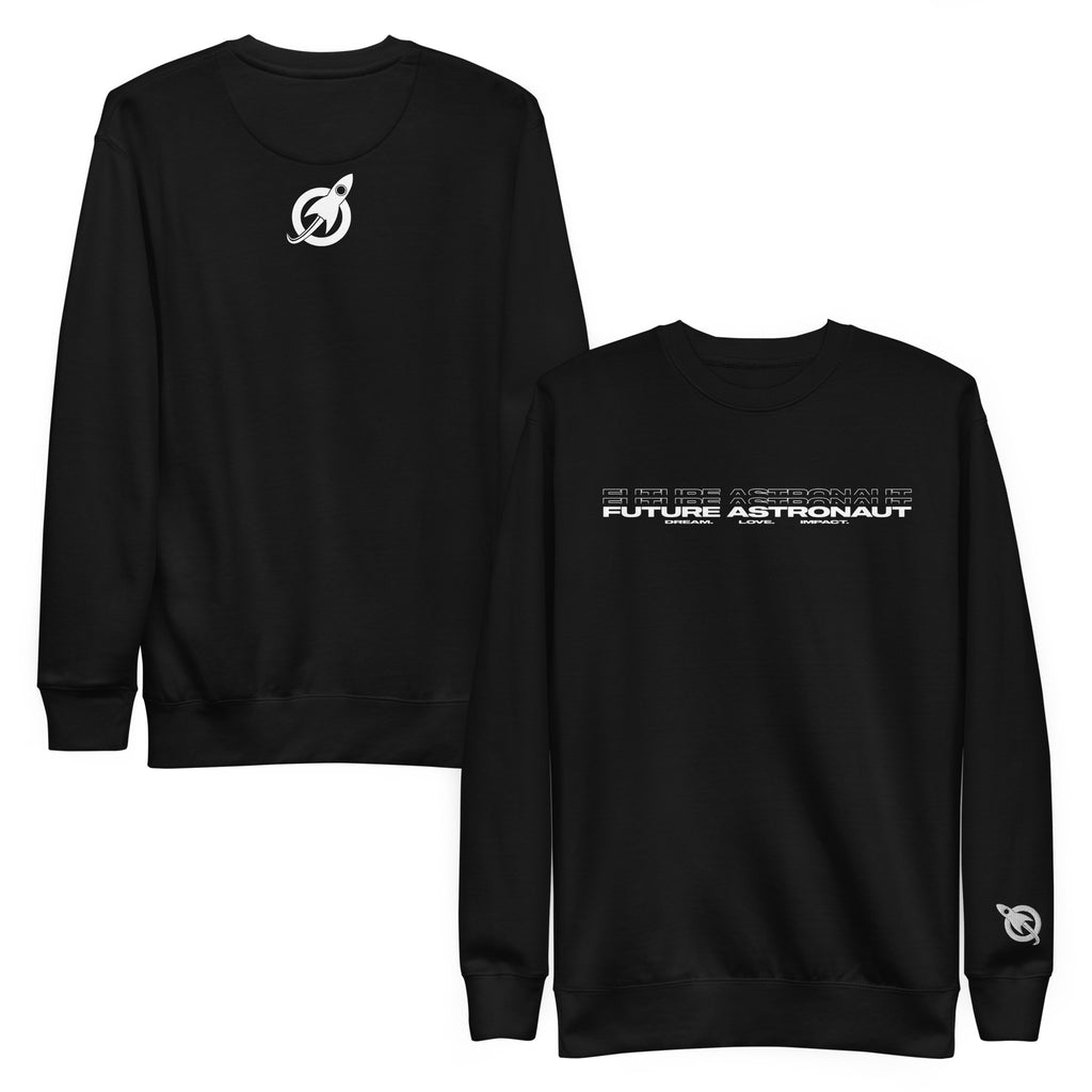 Future Astronaut Crewneck in black, front and back views