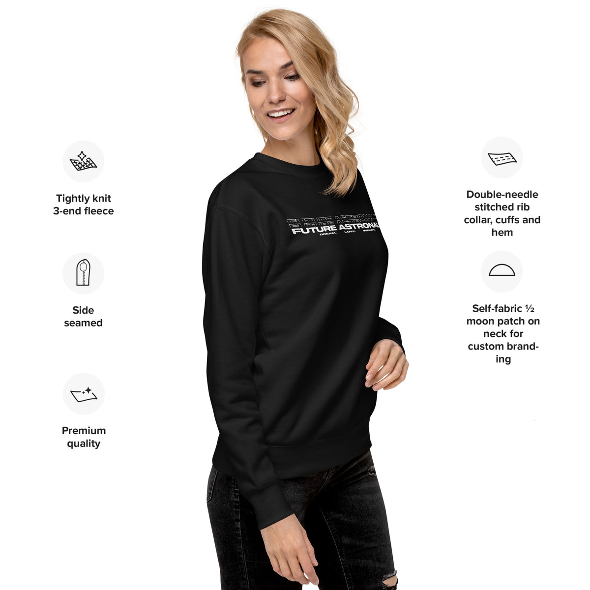 Future Astronaut Crewneck in black, right front view